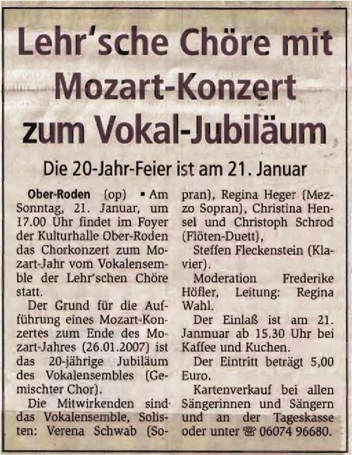 01.01.2007 Heimattblatt - Lehr'sche Chöre mit Mozart-Konzert zum Vokal-Jubiläum